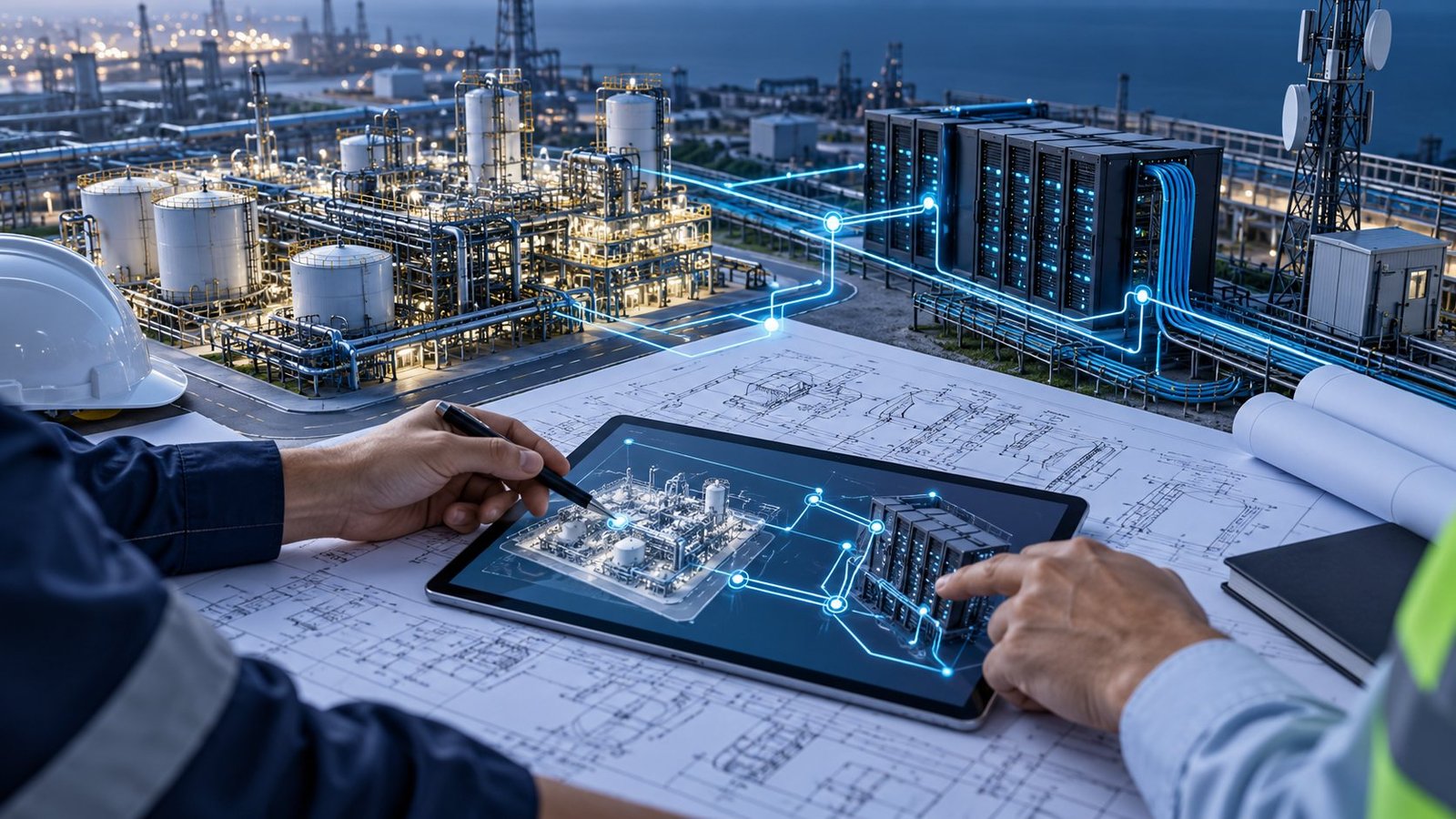 Illustration of engineers coordinating ICT networks and industrial EPC work packages using connected facility models and project blueprints