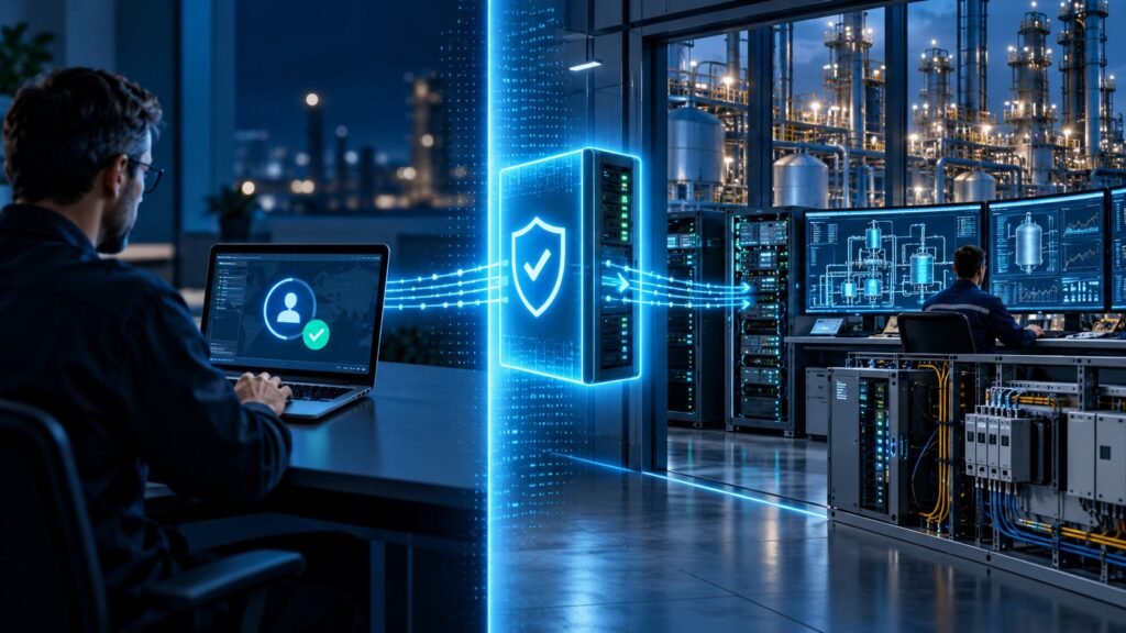 Illustration of controlled third-party remote access through a security gateway to an industrial OT environment