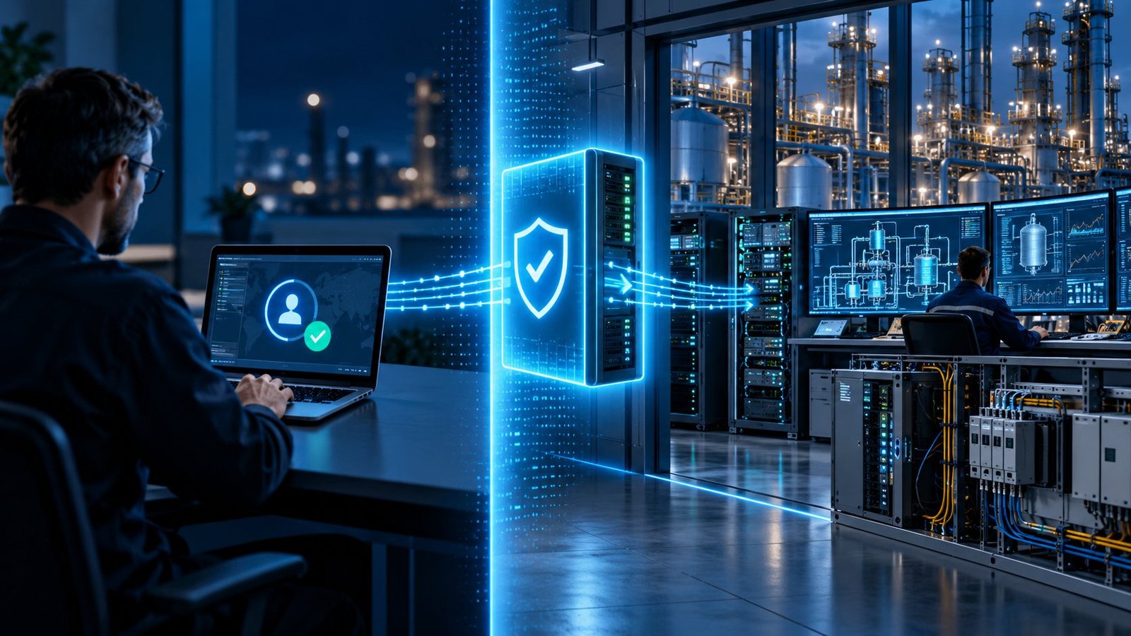 Illustration of controlled third-party remote access through a security gateway to an industrial OT environment